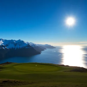 Golfers enjoying a game at Lofoten Links surrounded by breathtaking scenery.