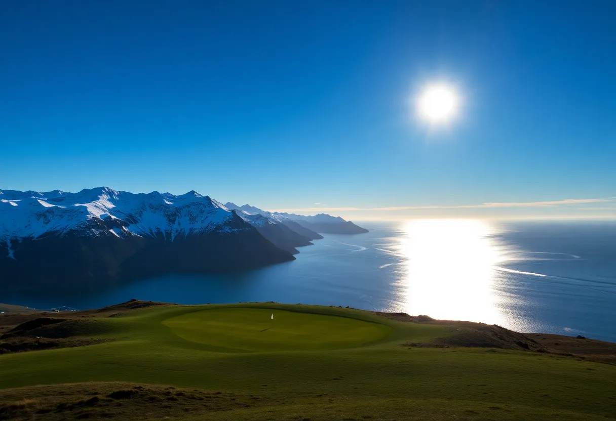 Golfers enjoying a game at Lofoten Links surrounded by breathtaking scenery.