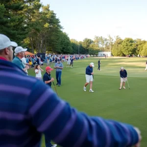 Golf scene at the Masters Tournament with fans and players