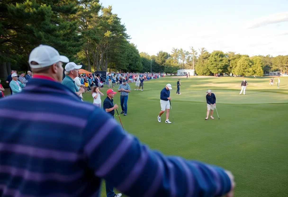 Golf scene at the Masters Tournament with fans and players