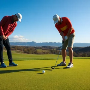 Golfer celebrating a victory on the golf course with a new putter