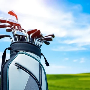 Cobra golf clubs and Puma shoes displayed on a golf course