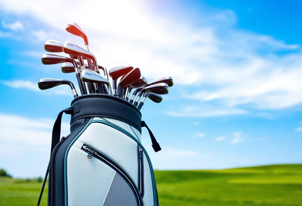 Cobra golf clubs and Puma shoes displayed on a golf course