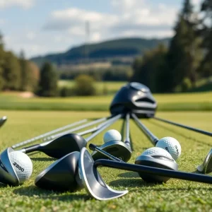 Modern golf clubs and stylish sportswear on a golf course