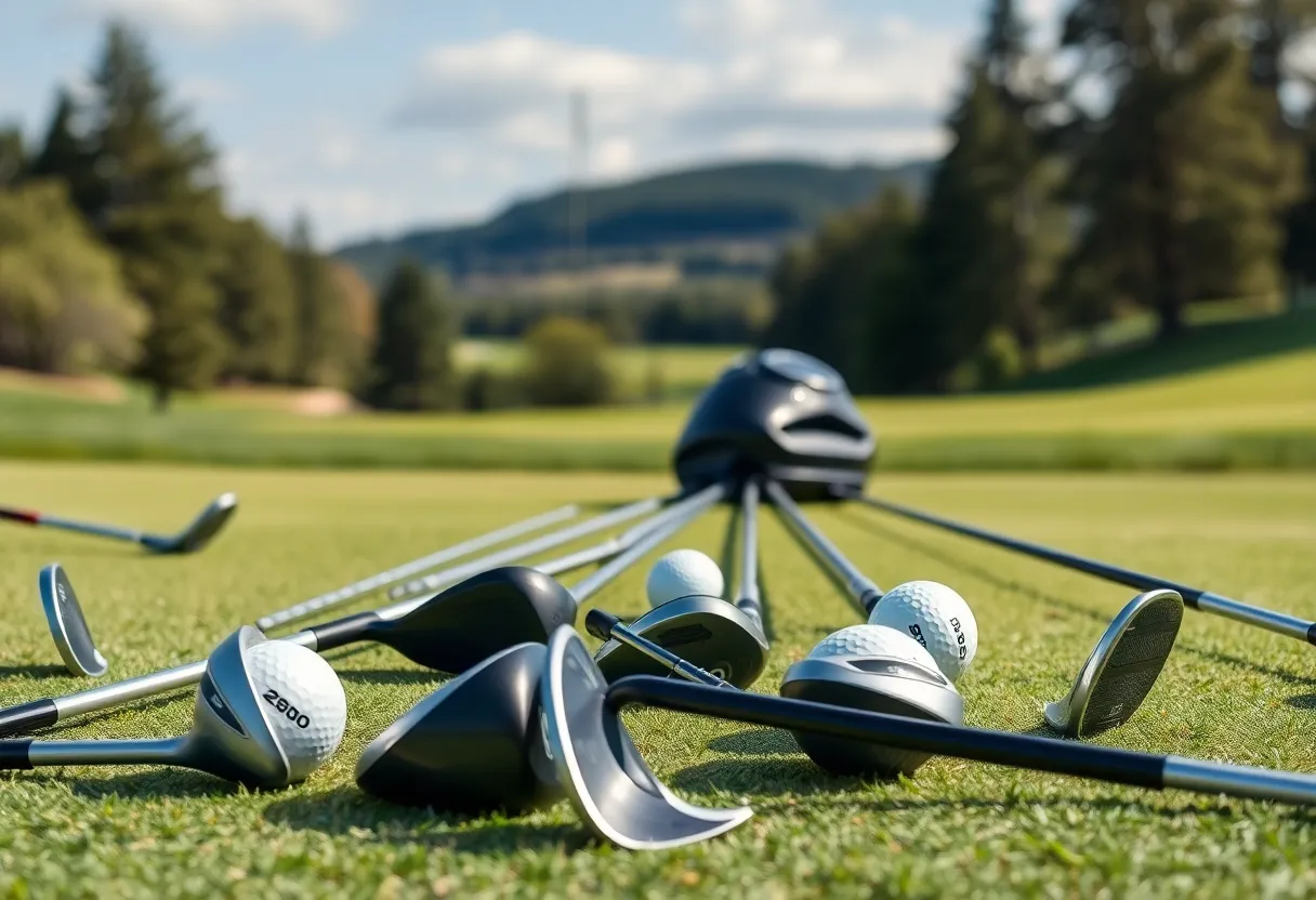 Modern golf clubs and stylish sportswear on a golf course