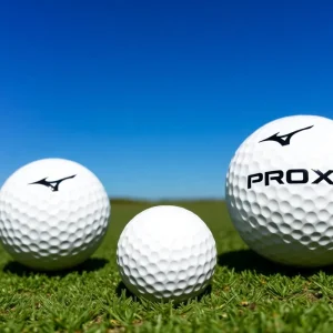 Mizuno Pro S and Pro X golf balls displayed on a golf course.