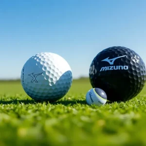 Mizuno Pro X and Pro S golf balls on a tee with a golf course in the background