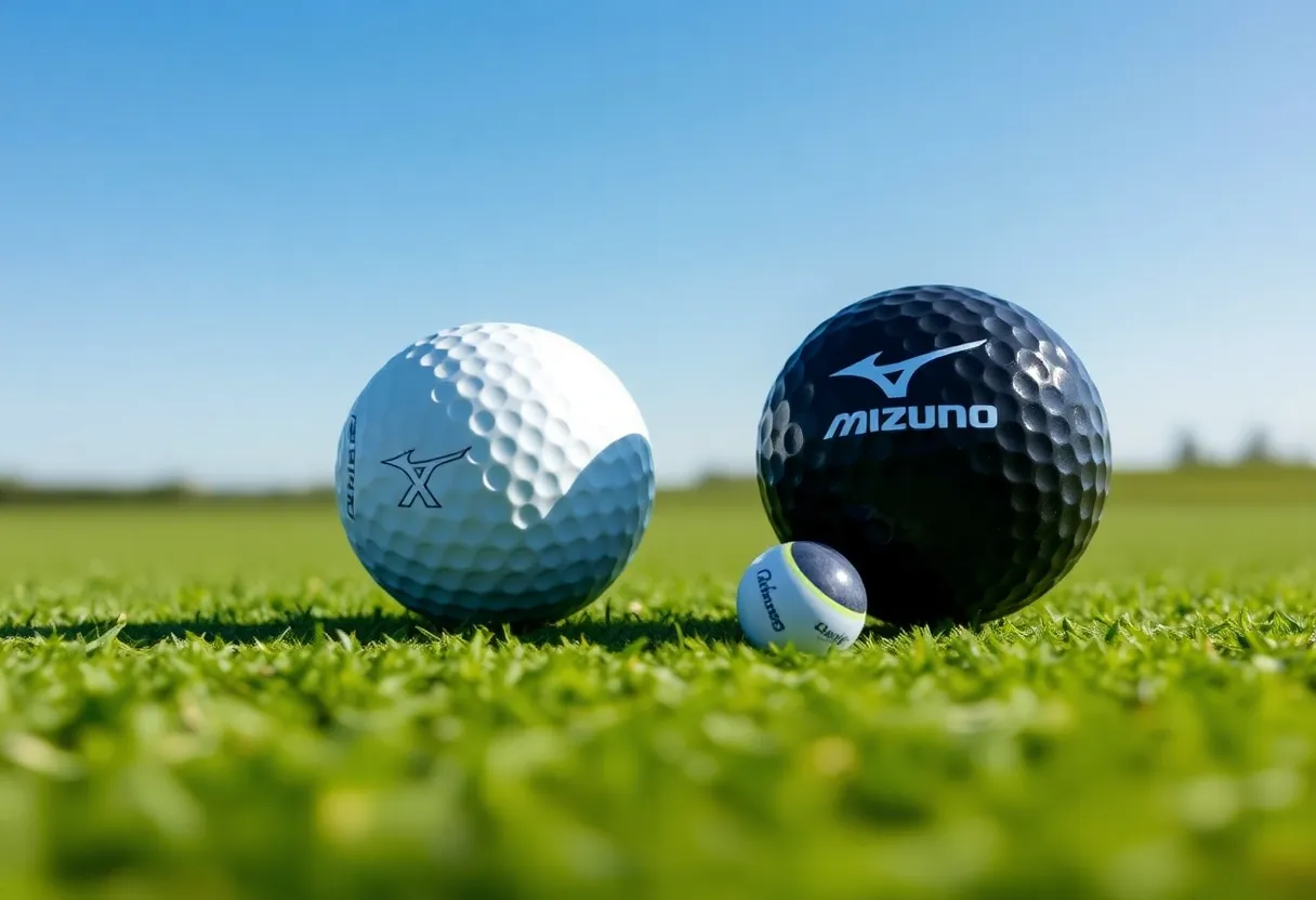 Mizuno Pro X and Pro S golf balls on a tee with a golf course in the background