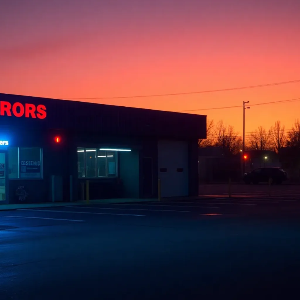 Parking lot at dawn with police lights representing a tragic incident