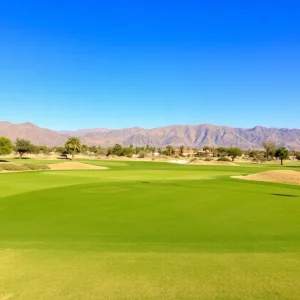 A beautiful golf course in Palm Springs featuring palm trees and mountains.