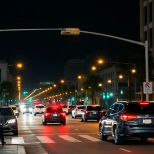 Nighttime street scene capturing pedestrian safety concerns in Jacksonville.