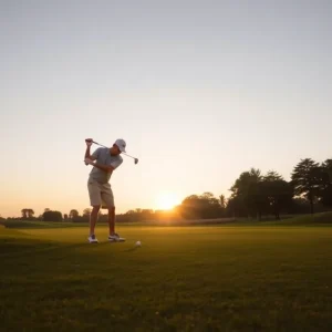 Young female golfer practicing on a golf course