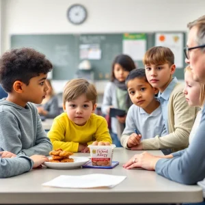 Parents and students discussing food allergy safety at a school