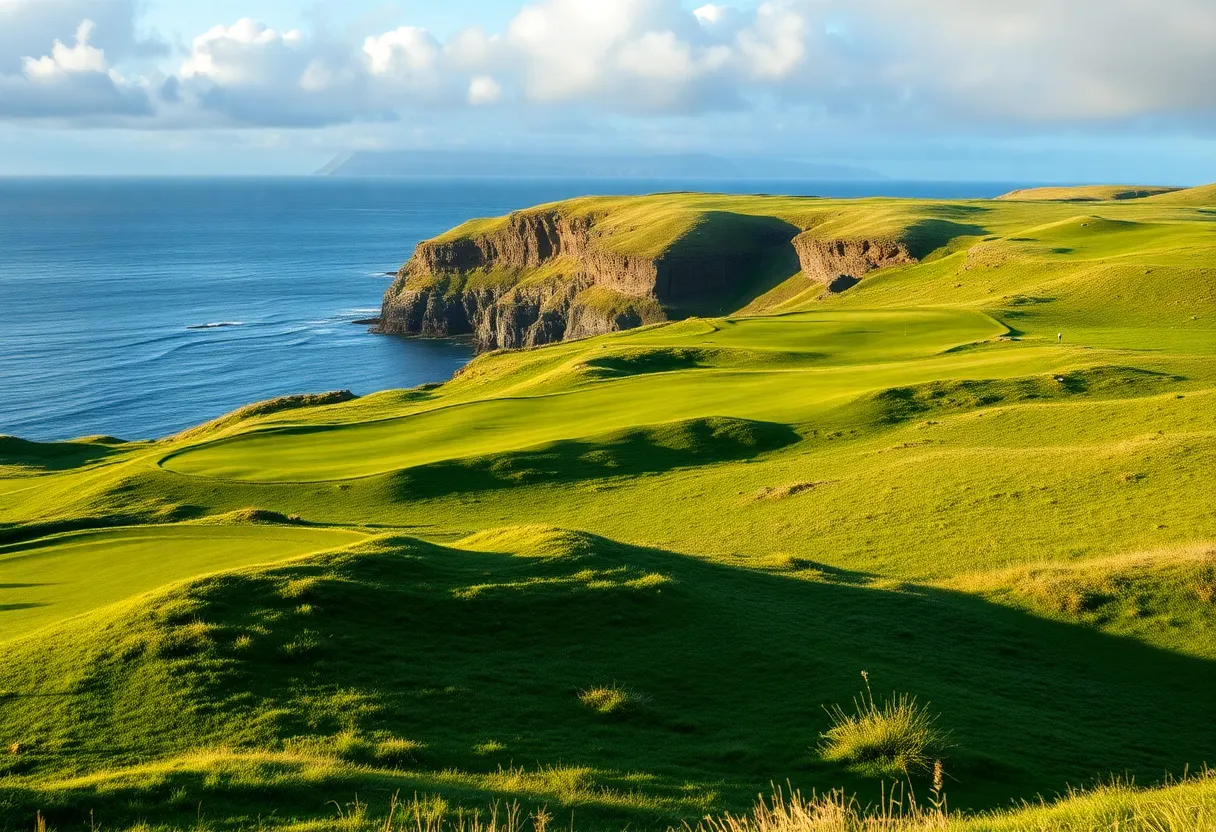 Golf course vista overlooking the ocean in Scotland