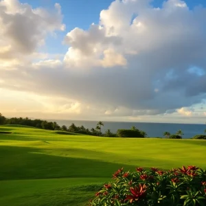 Beautiful Hawaiian golf course scene during a tournament