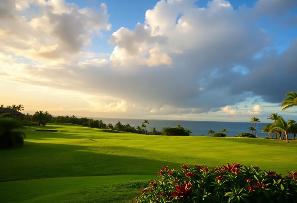 Beautiful Hawaiian golf course scene during a tournament