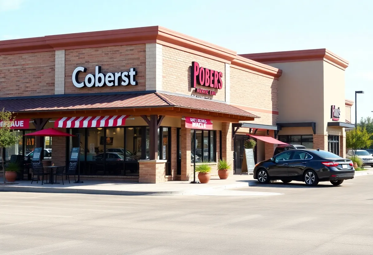 Shopping center with Slim Chickens and drive-thru