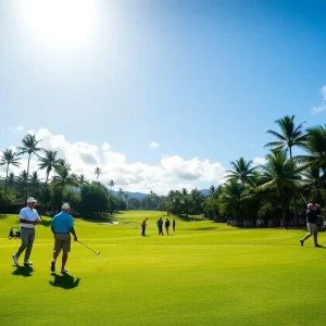 View of the Sony Open golf tournament with lush greens and ocean backdrop