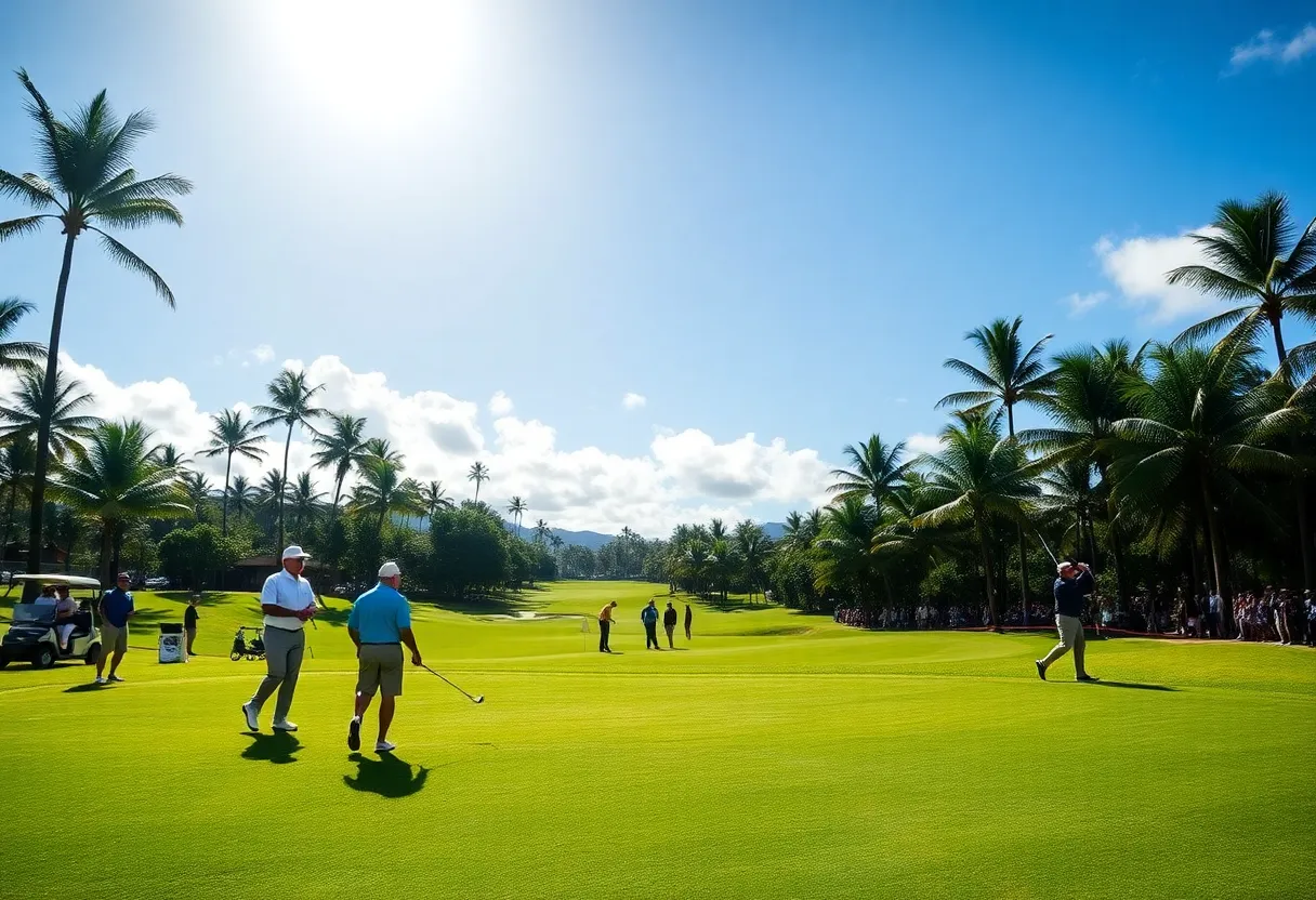 View of the Sony Open golf tournament with lush greens and ocean backdrop