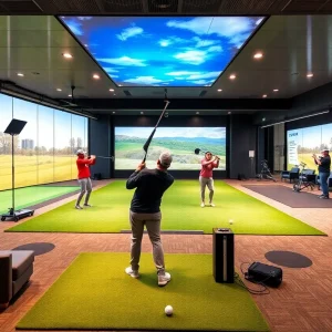 Interior view of the Studio Golf Club showcasing training bays and lounge areas.