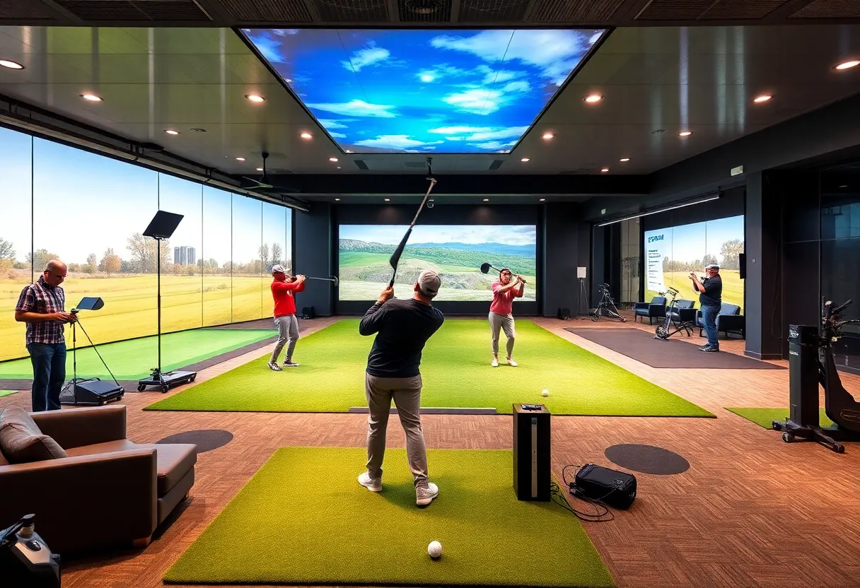 Interior view of the Studio Golf Club showcasing training bays and lounge areas.