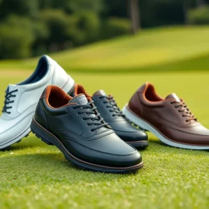 Various styles of golf shoes displayed outdoors.