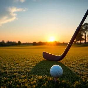 Scenic view of a golf course at sunset