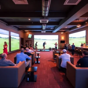 Interior view of Tee Box Golf Lounge showcasing golf simulators and social areas.