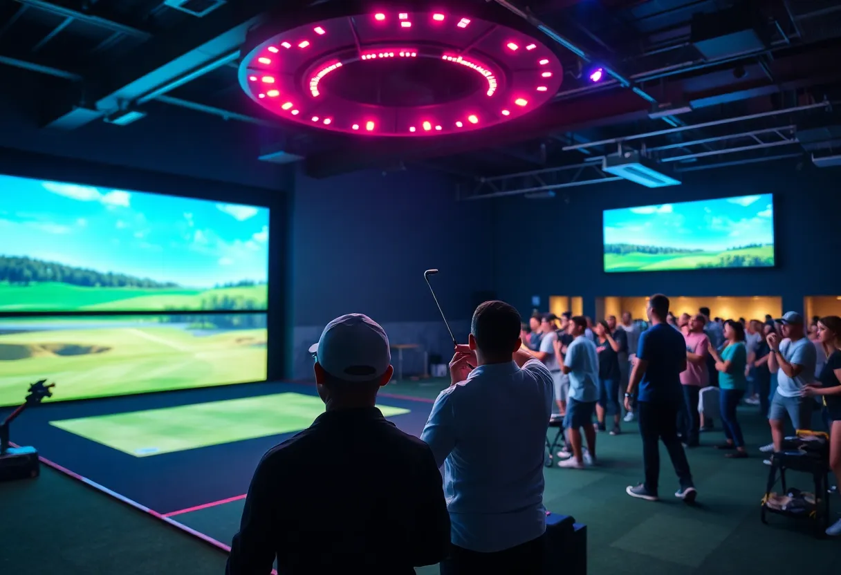 Interior view of the TGL golf league launch event showcasing modern technology