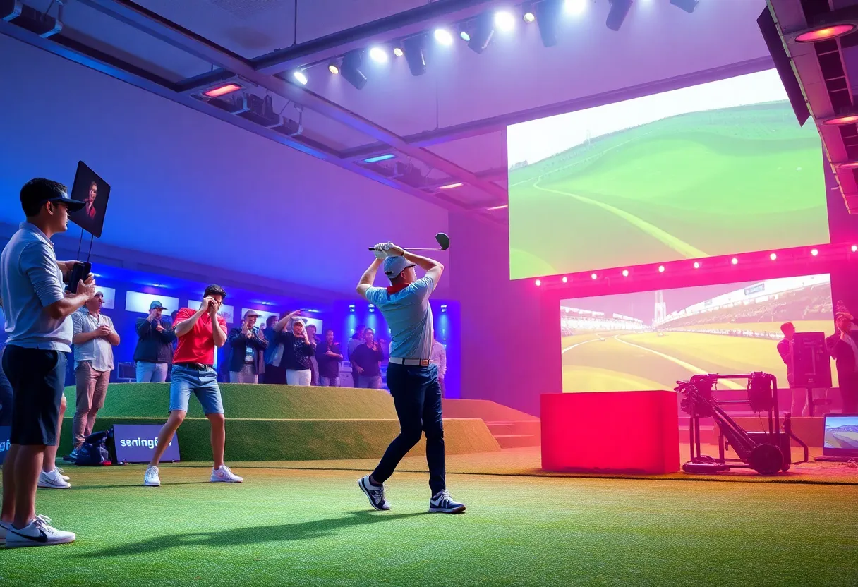 A modern golf venue with a massive screen and golf players in action.