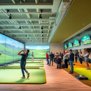 Players competing in an innovative indoor golf match