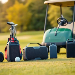 Golf course featuring portable speakers enhancing the game.