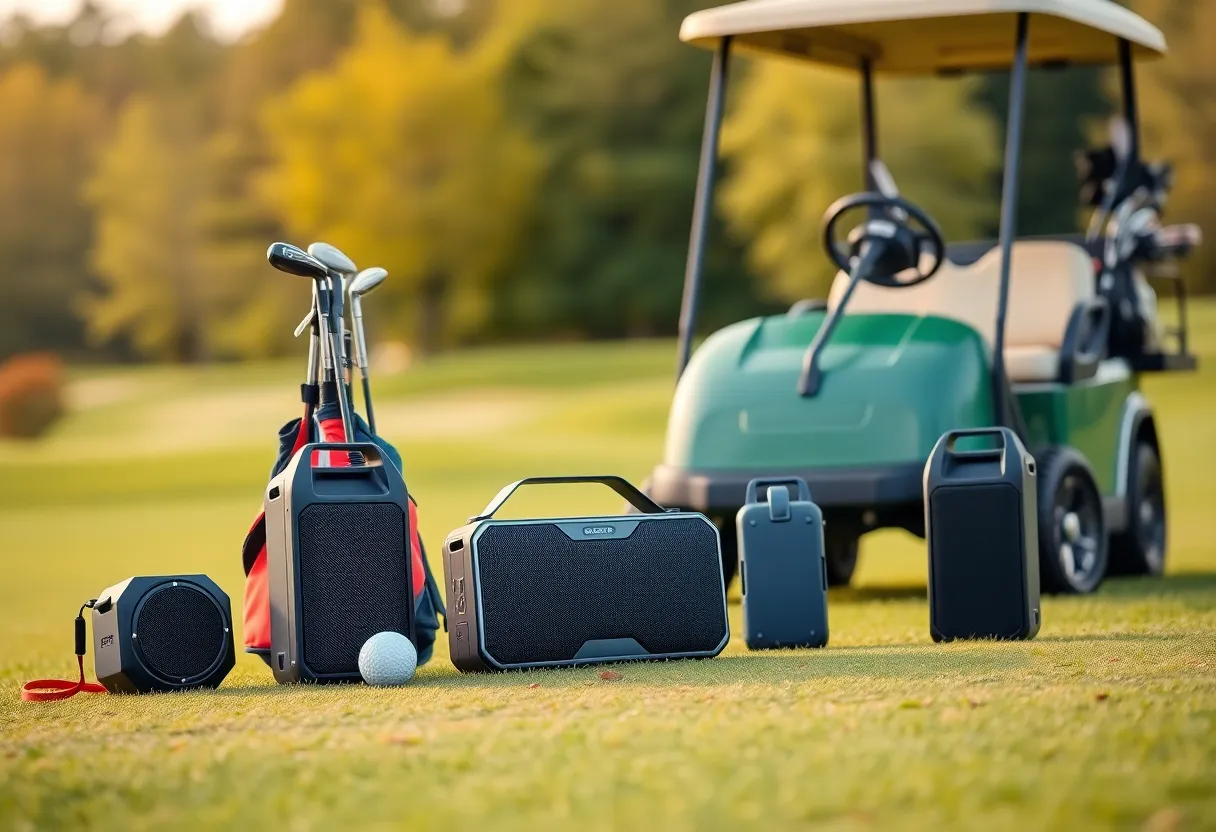 Golf course featuring portable speakers enhancing the game.