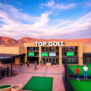 Rendering of a Topgolf venue in Saudi Arabia with golfers and spectators