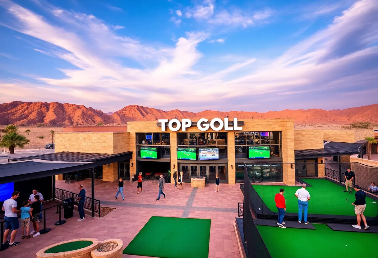 Rendering of a Topgolf venue in Saudi Arabia with golfers and spectators