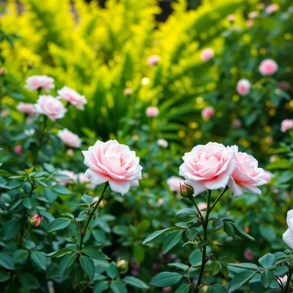 A serene garden filled with blooming roses in memory of Charles and Virginia Thompson.