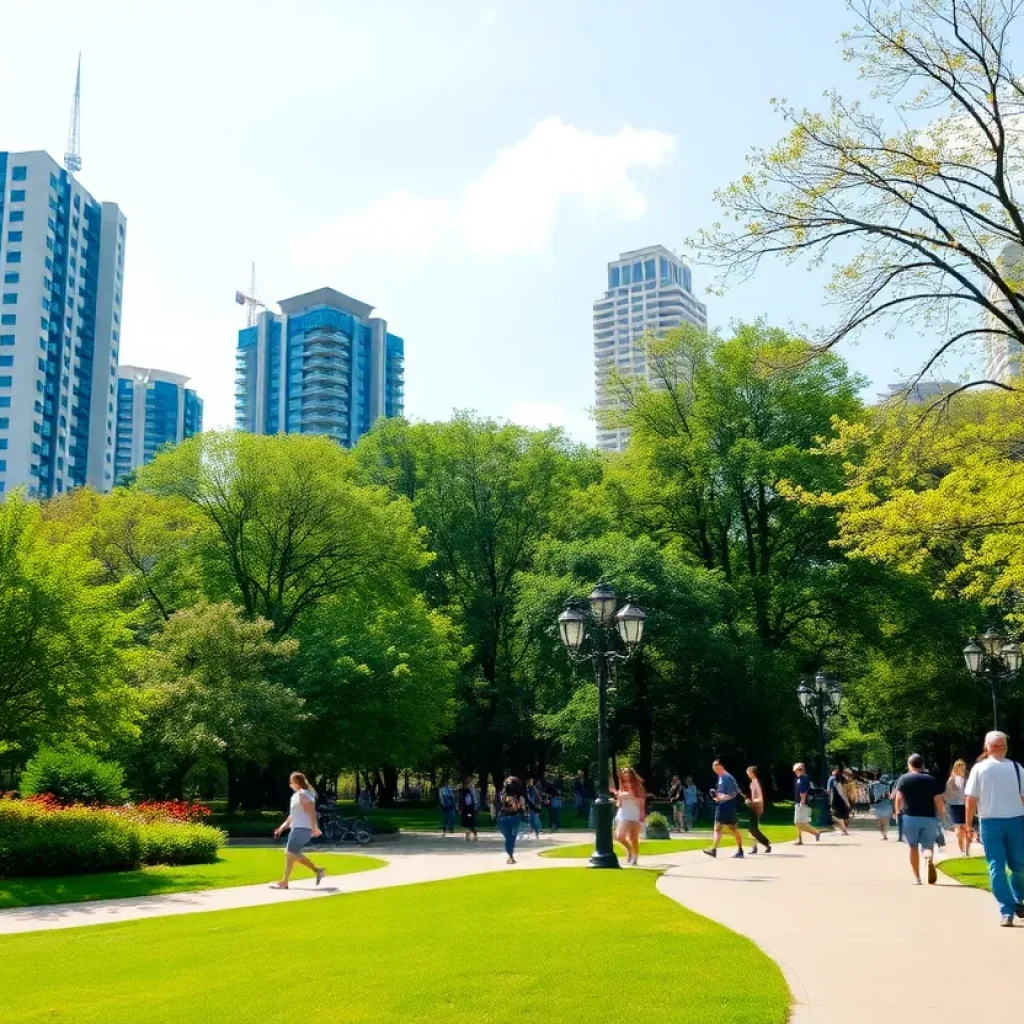 A sunny urban park filled with people enjoying nature.