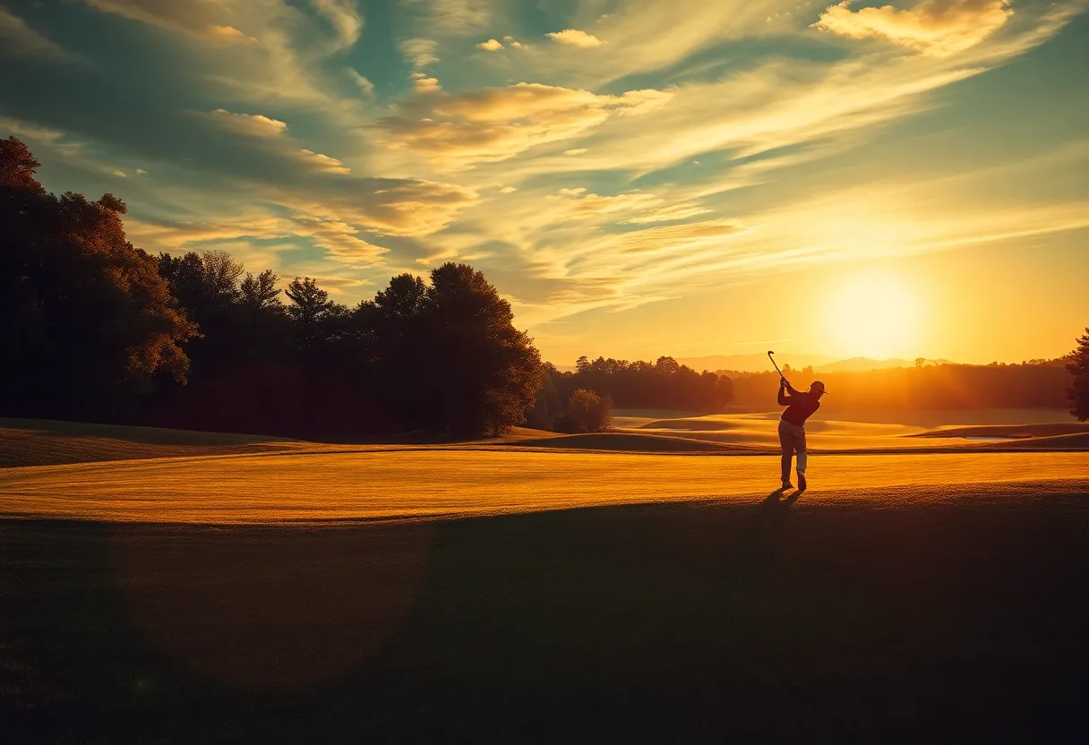 A picturesque view of a golf course with players and beautiful lighting.