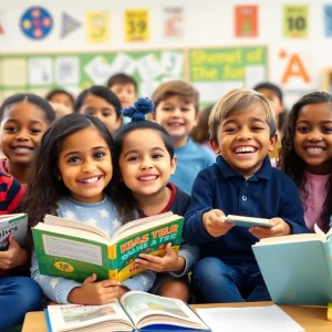 Children celebrating in a classroom environment for Sylvan Learning Center's 40th anniversary.