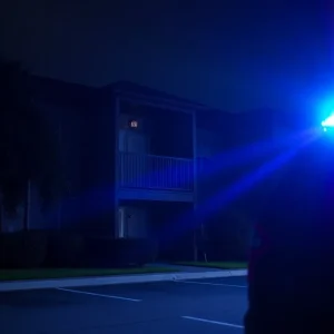 Police lights at an apartment complex in Jacksonville where a tragic stabbing occurred.