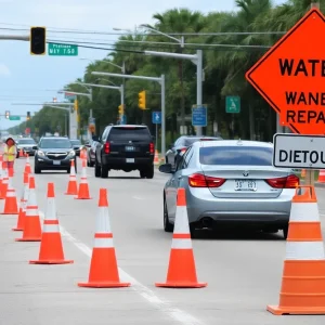 A street view showing traffic disruptions in Jacksonville due to water main repairs.
