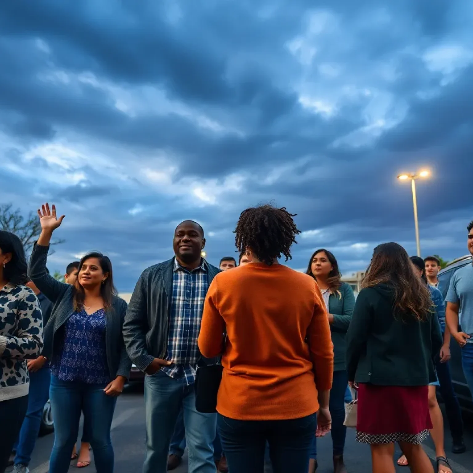 Bystanders helping a mother and children outside a DMV
