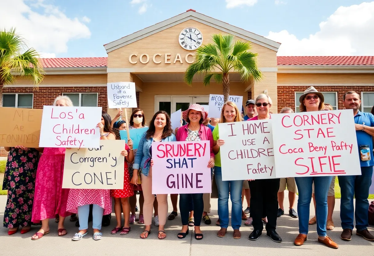 Concerned parents protesting outside a school in Cocoa Beach