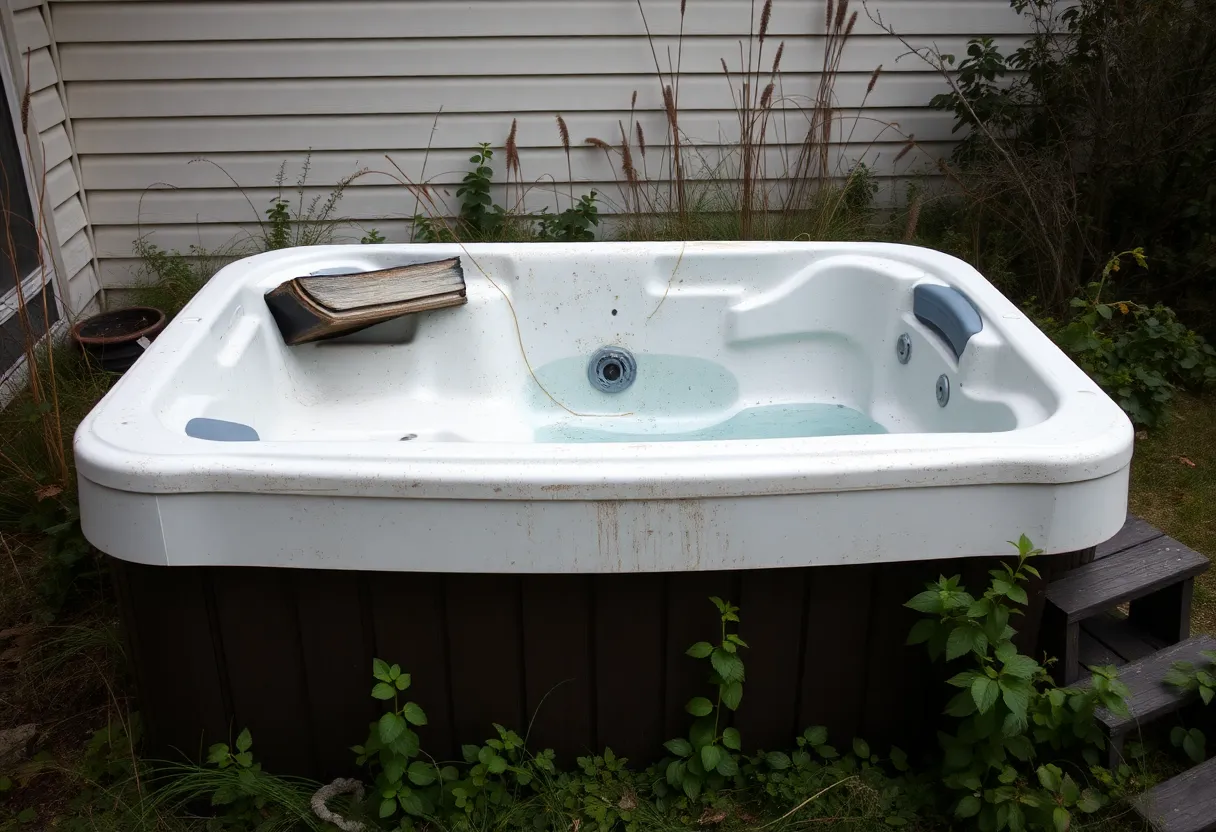A broken hot tub outdoors showing visible damage and neglect.