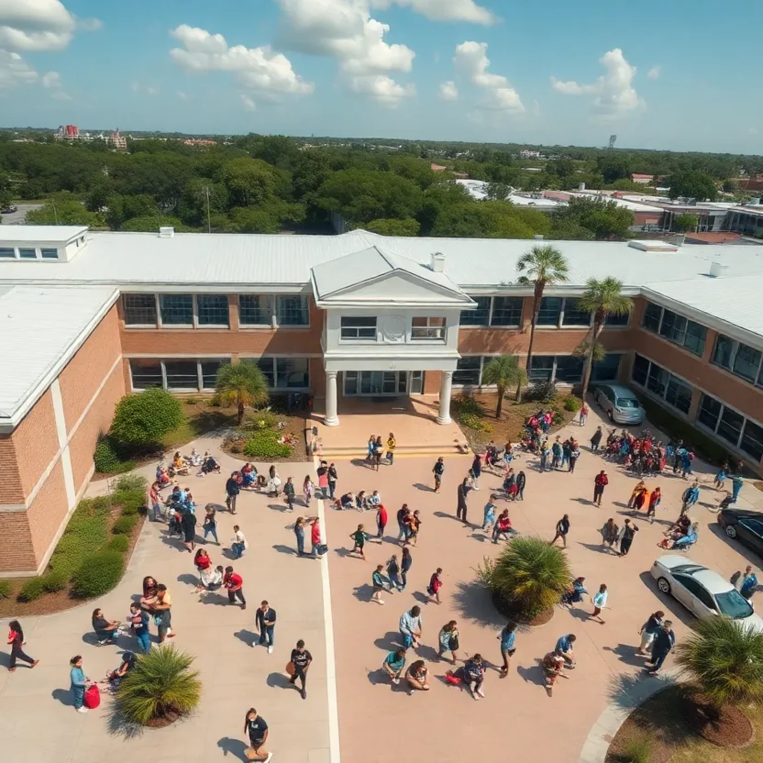 Aerial view of Duval County Schools dynamic campus with students.