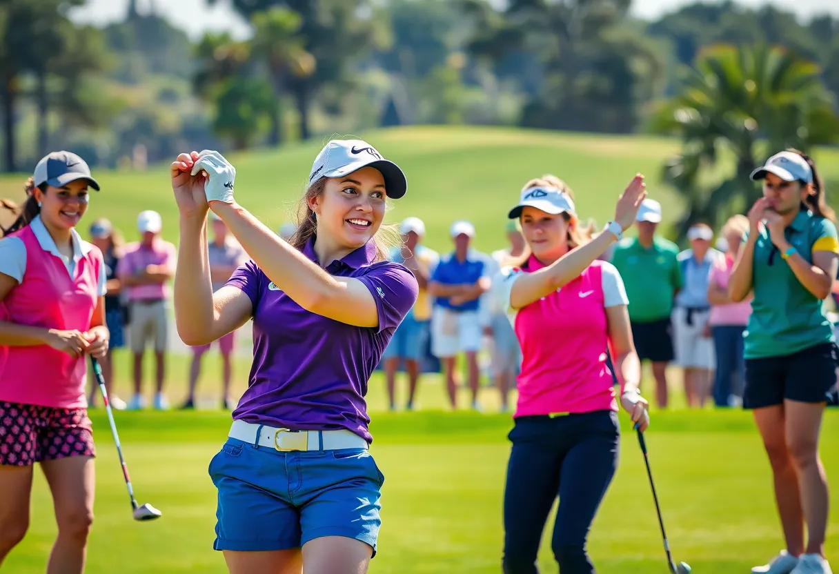 Female golfer on a golf course celebrating success