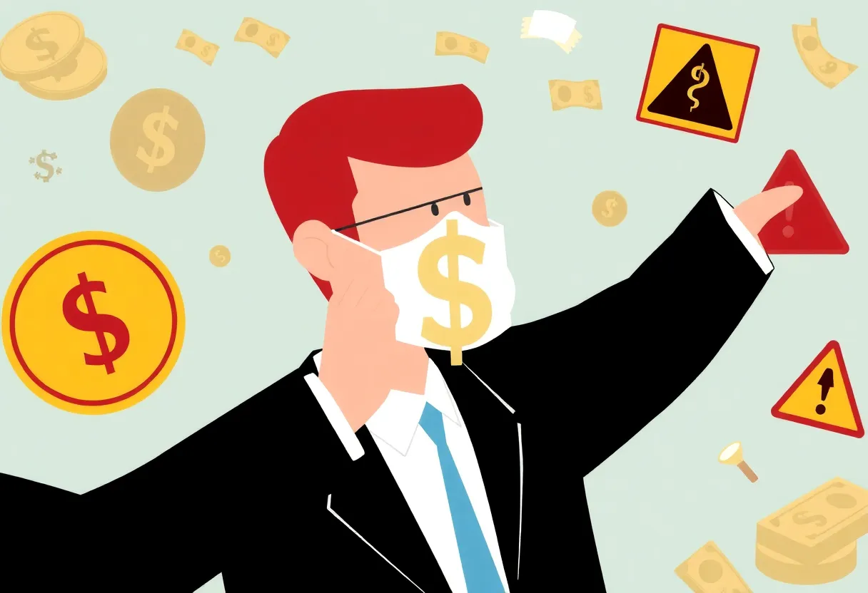 Concept of financial fraud with money and caution signs