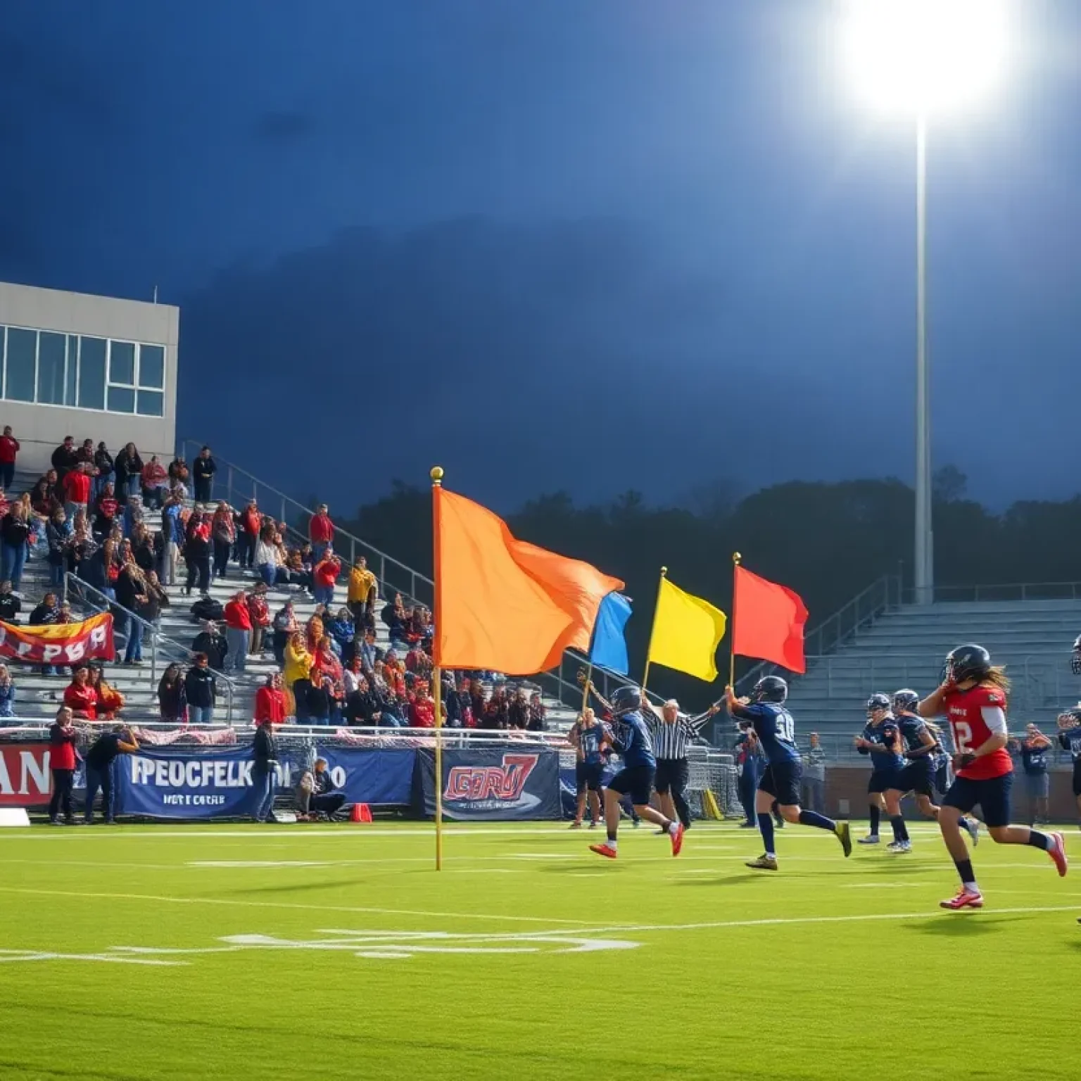 Action shot of a flag football game at night, featuring players and fans in a stadium.
