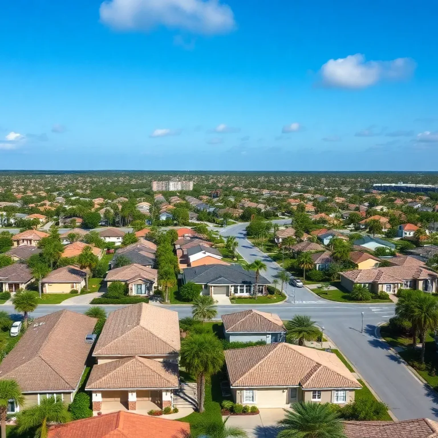 Aerial view of a suburban Florida neighborhood with houses and palm trees.