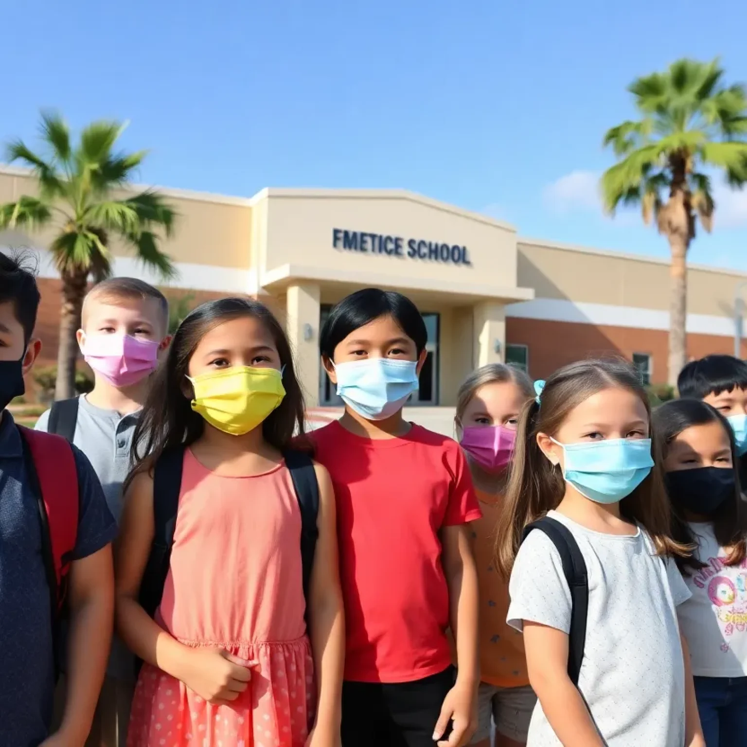 Children wearing masks in front of a Florida school